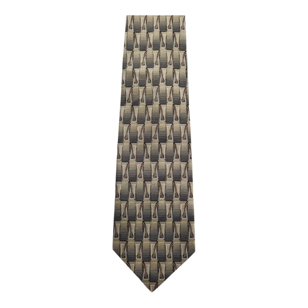 IV Front Geometric Pattern Grayish Green 100% Silk Necktie